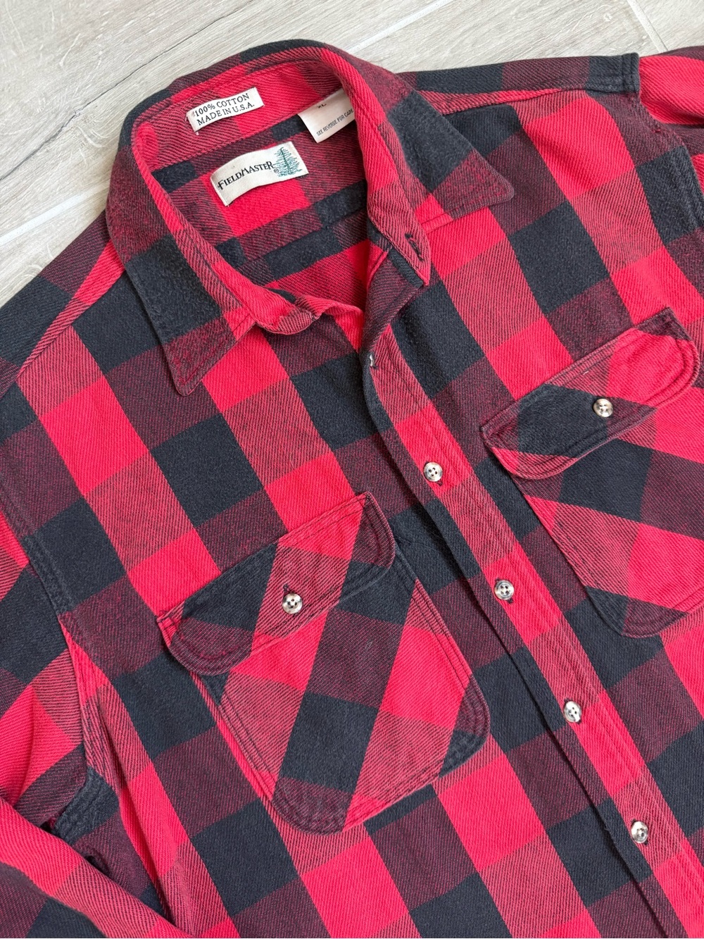 Vintage 80s Sears Fieldmaster Mens XL Red Black Buffalo Plaid Flannel USA Cotton - Picture 2 of 5